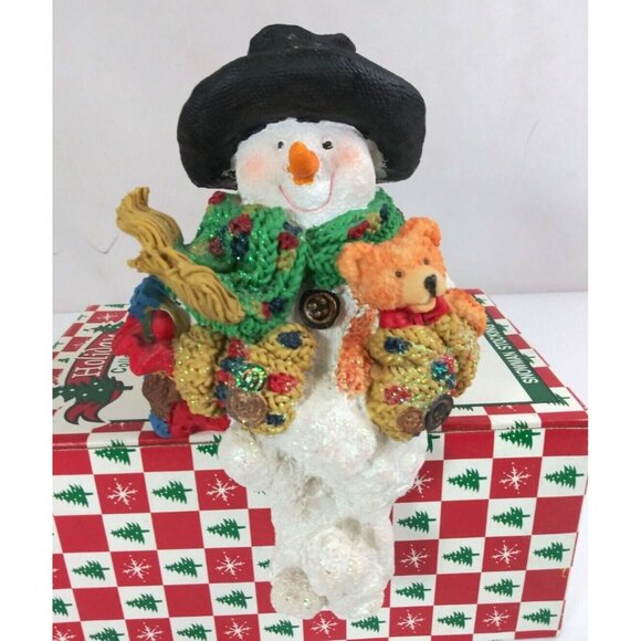 Vtg World Bazaars Holiday Collection Snowman Holding Teddy 7.5" Stocking Hanger - Picture 2 of 14